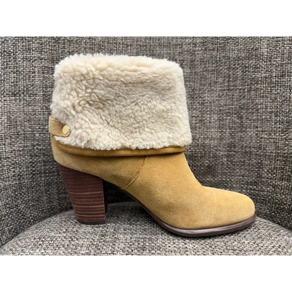 Tommy Hilfiger Katelynn Tan Suede Faux Fur Cuff Heel Booties Ankle Boots 8.5M